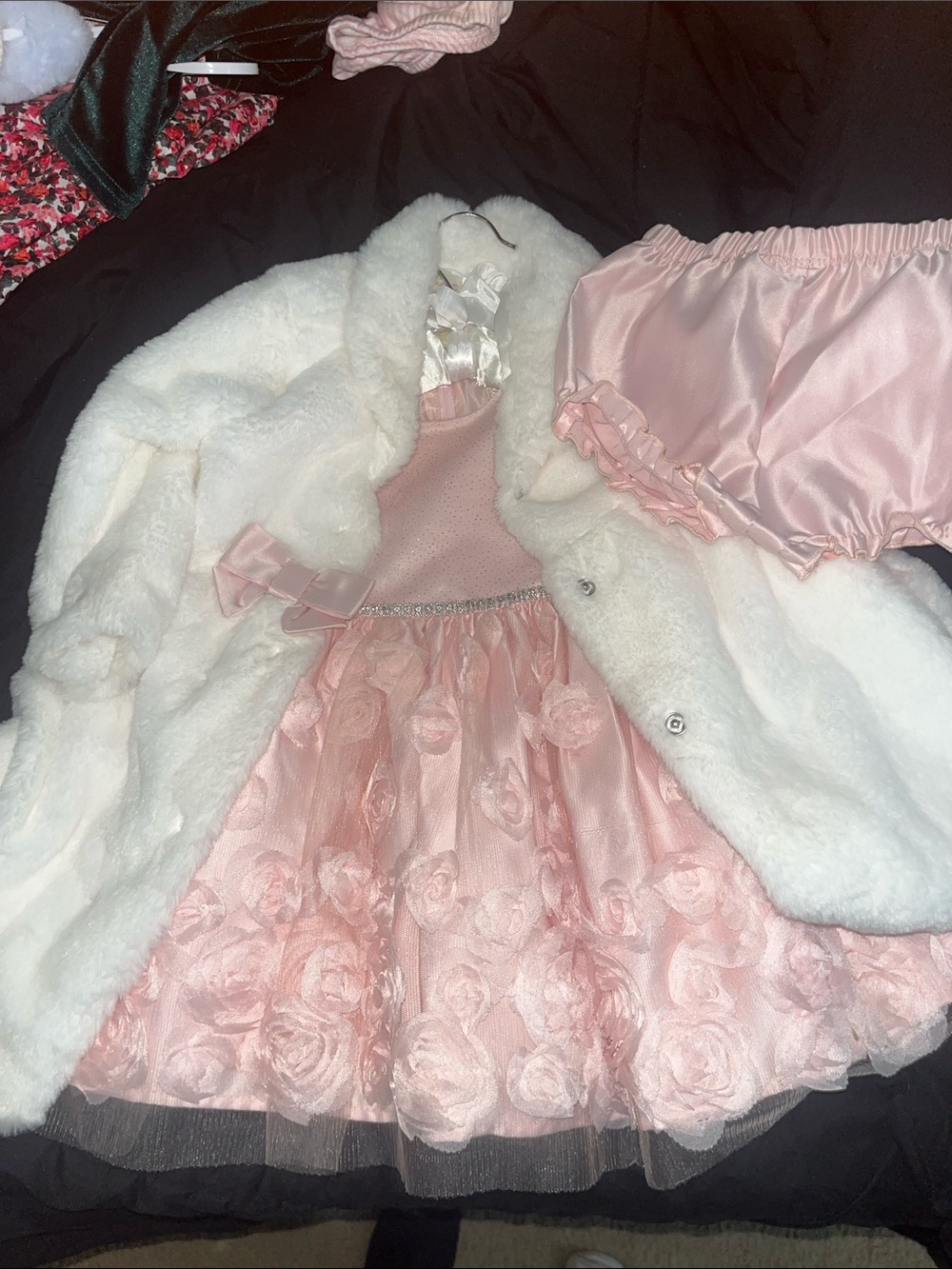 Girls Pink Floral Tulle Dress with White Faux Fur Coat Set